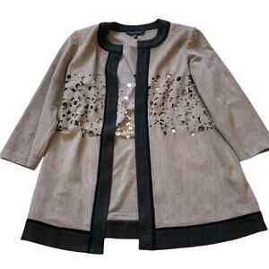 Ming Wang Heritage Laser Cut Faux Suede Open Jacket M Tan Black EUC